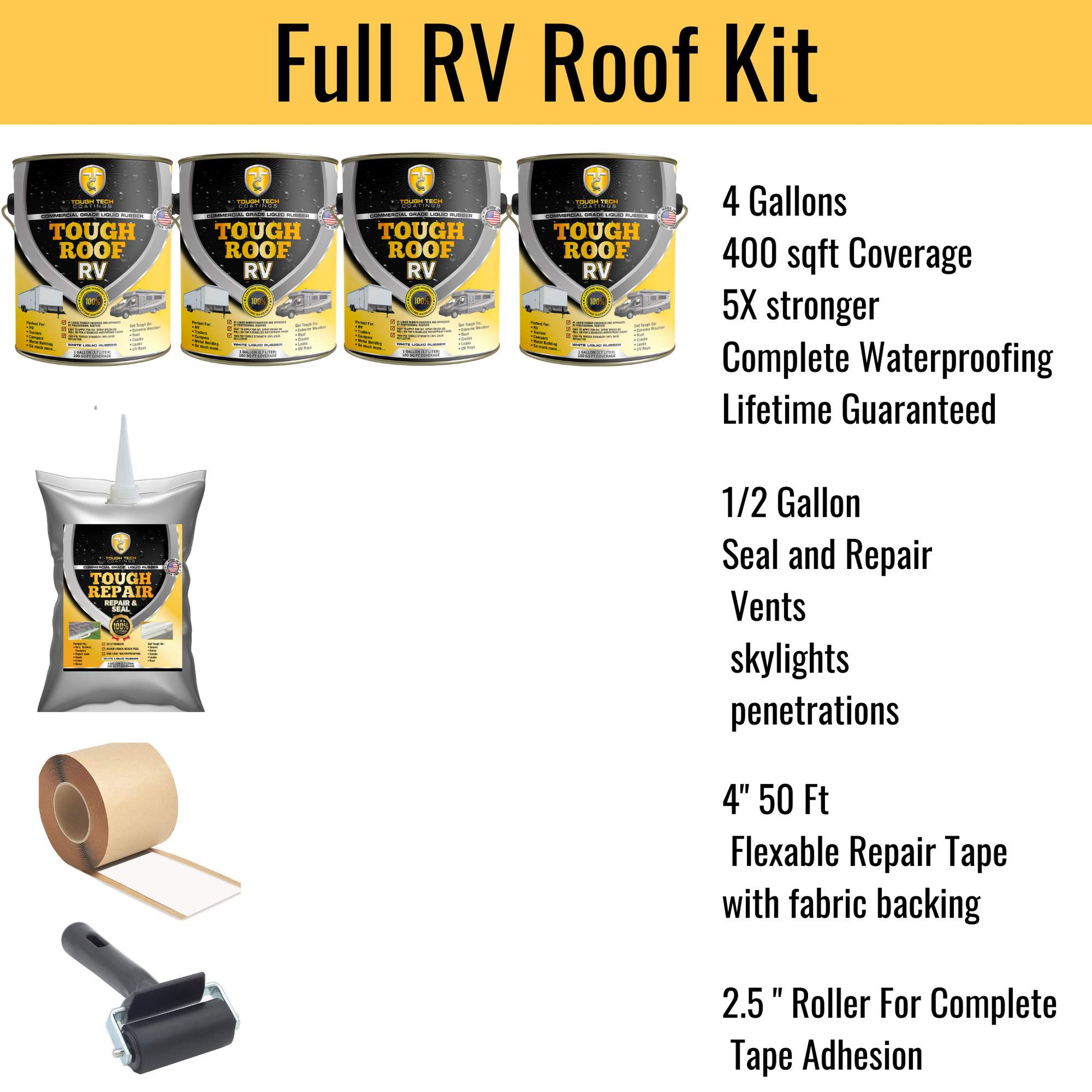 Tough Tech Coatings Roof RV Sealant Coating kit - Permanent RV Roof  Waterproofing Kit - for All RVs, and Trailers Surfaces - 200 SQ FT Coverage  - 87%